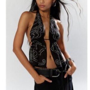 Silence + Noise Black Halter Crop Top with Silver Details